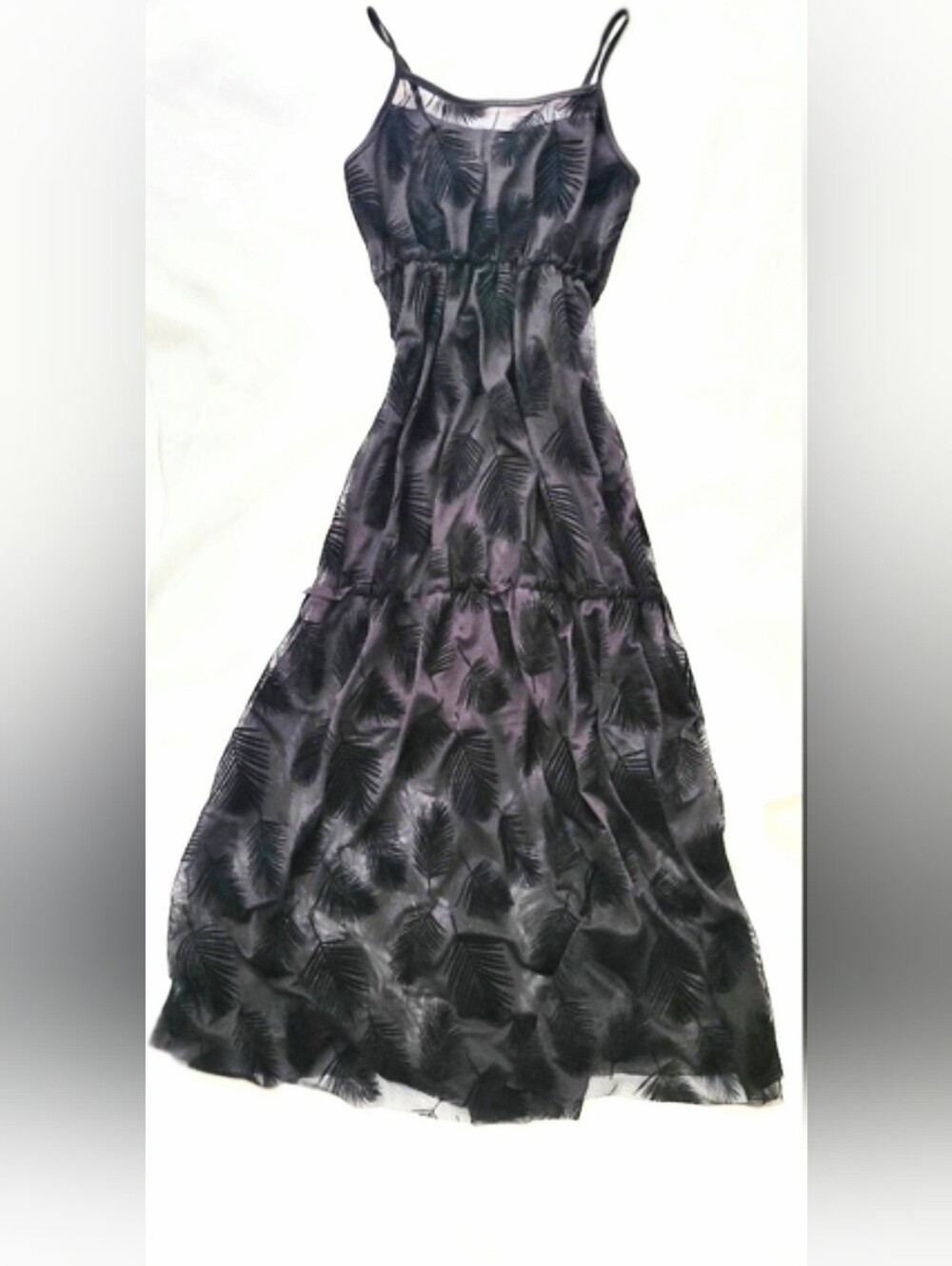 NWOT!Sheer Fall Y2k Feather Mesh Gown Women's Tiered Midi Glam Party Dress Small
